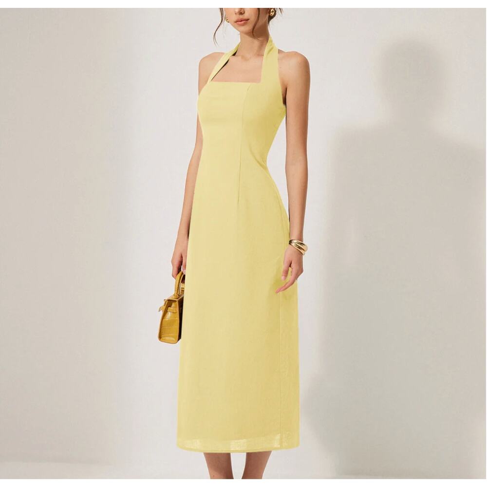 Yellow Halter backless Split Dress Size M